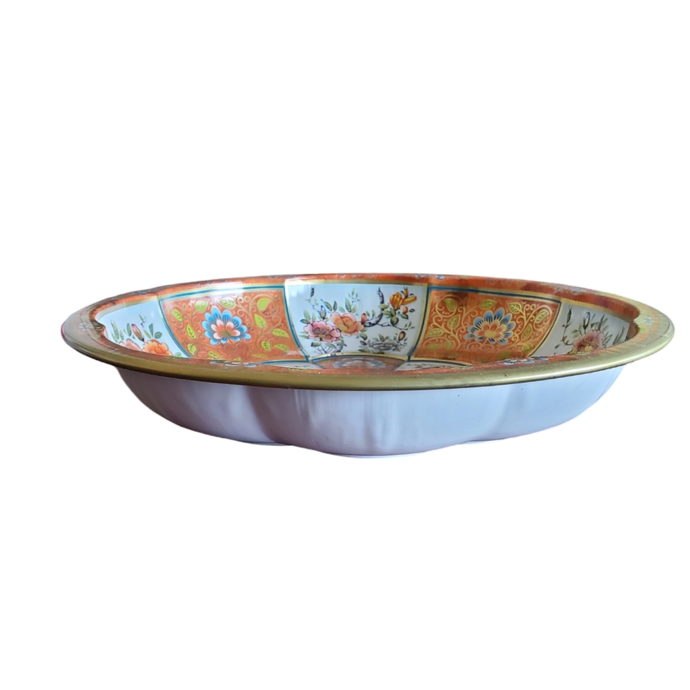 Daher Decorated Ware 1971 Tin Bowl Floral Orange Blue White Made In England - Picture 8 of 11